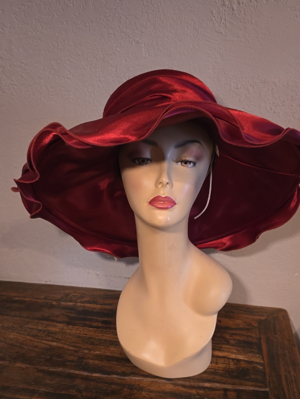 Wide Brim Satin Victorian-esque Hat - Burgundy